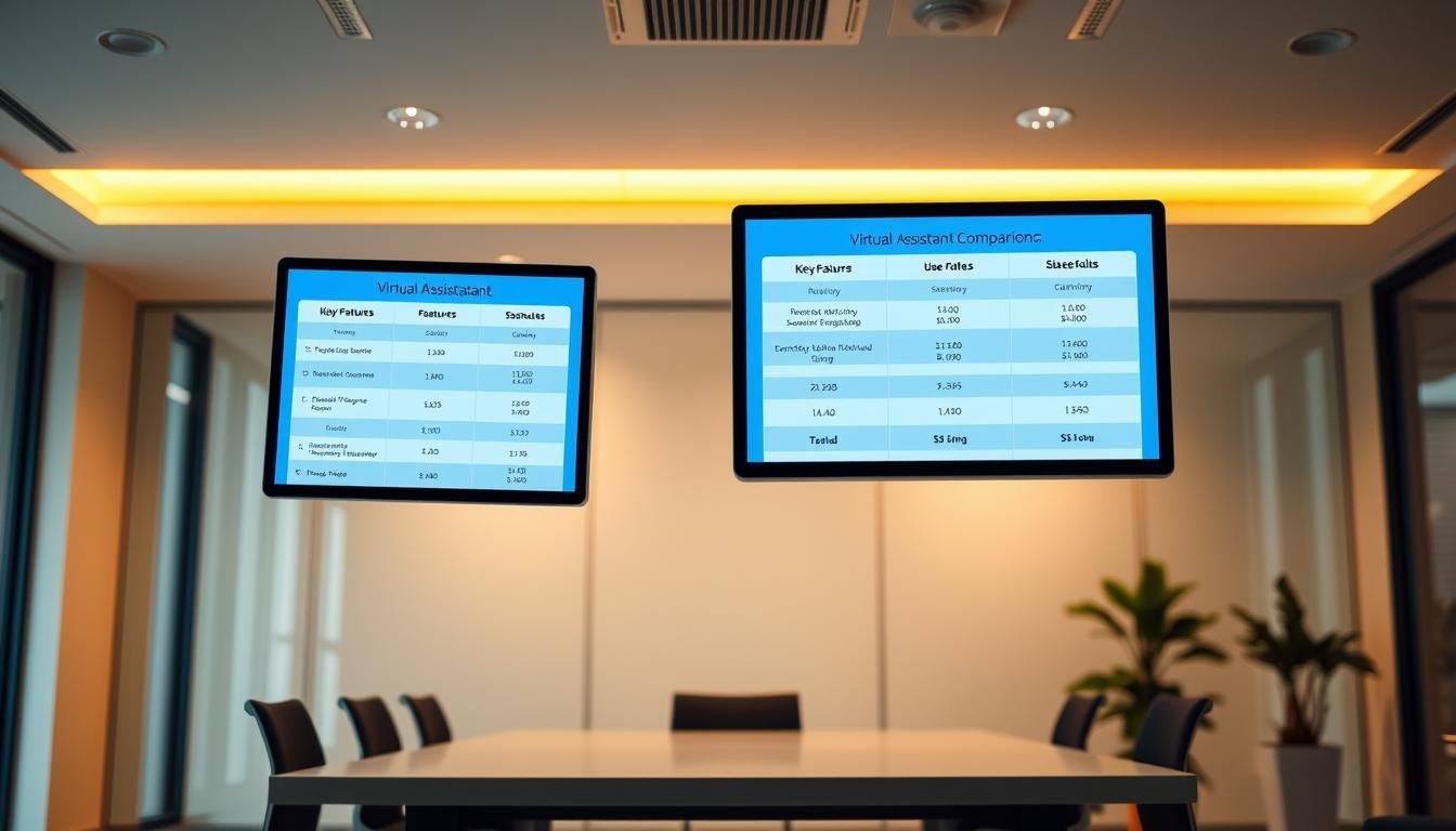 High-tech workspace with virtual assistant platform comparison screens
